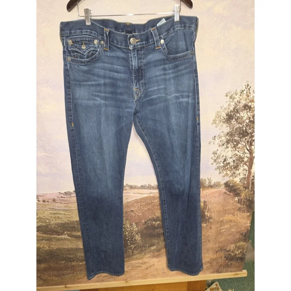 True Religion World Tour Straight Leg Blue Jeans with Flaps Men's 36x33
